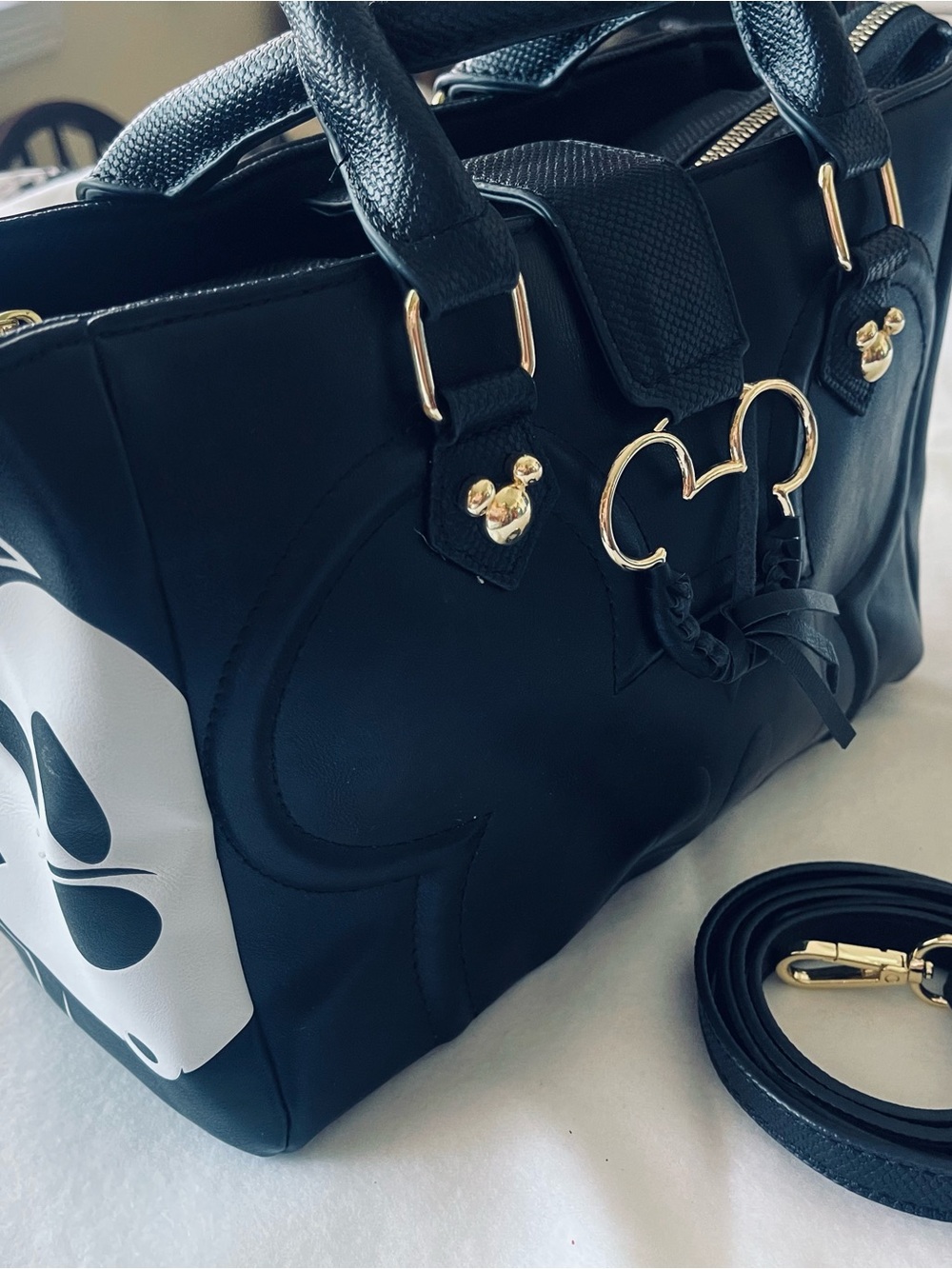 Black Faux-Leather Tote Bag with Gold Mickey Accent